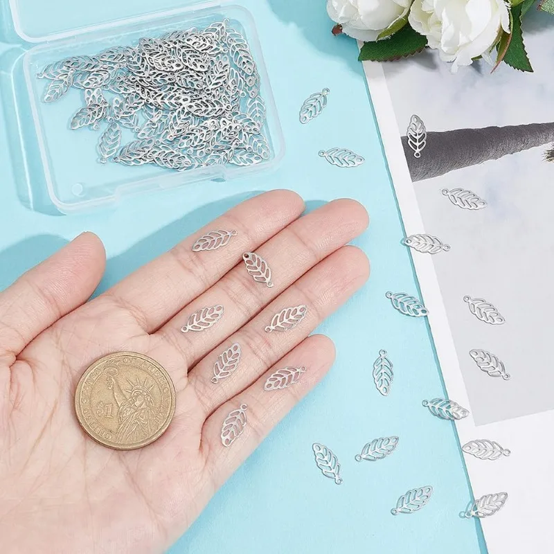 300pcs Hole 1mm 316 Stainless Steel Hollow Leaf Charms Flat Foliage Leaves Pendants Metal Drop Dangle Earrings Charm Plant P