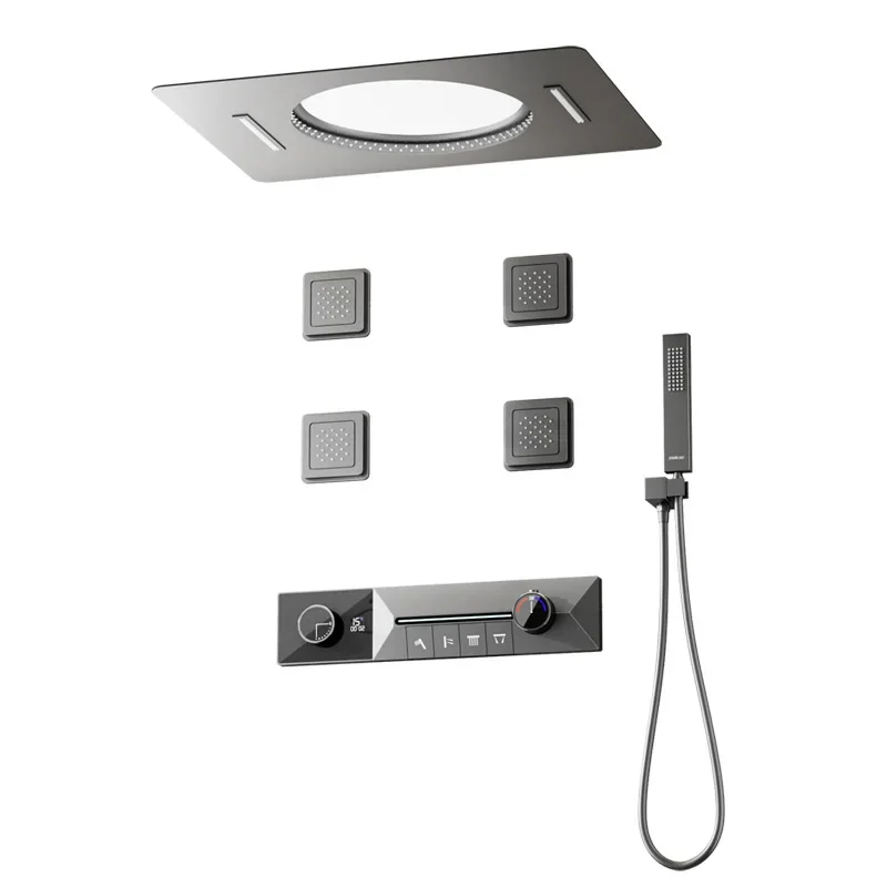 

Concealed waterfall shower embedded ambient light thermostatic button hotel shower all copper shower set