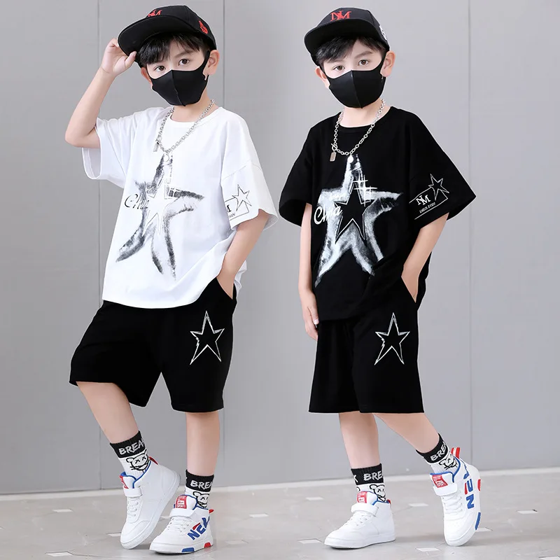 Smart Streetwear Children Boys Clothing Set 2023 Summer New Fashion O-neck Short Sleeve Five-pointed Star Print Teenager Clothes