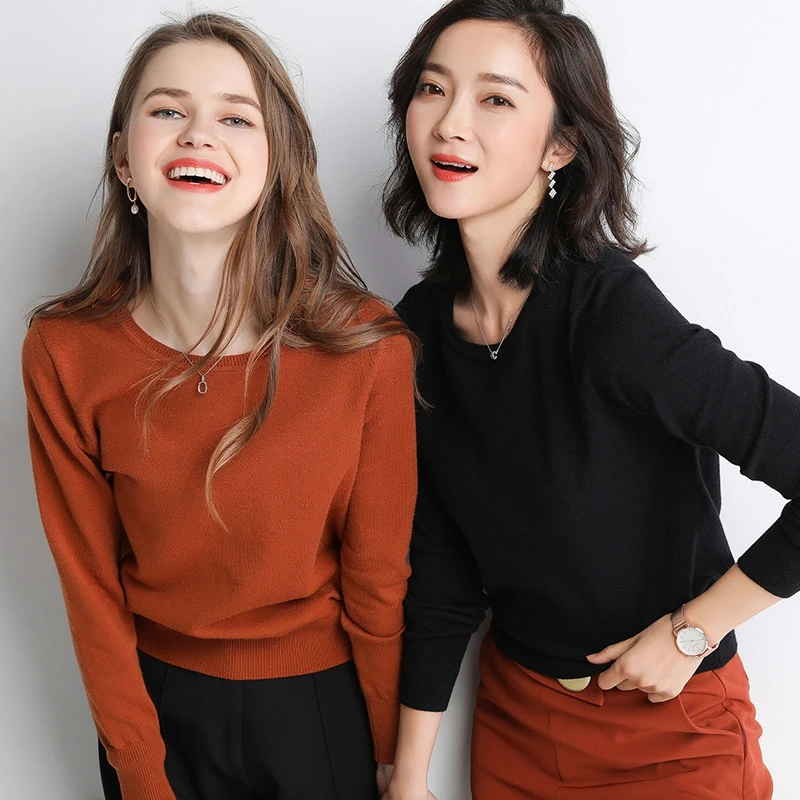 البلوزات موضة أبيض أسود س الرقبة محبوك سترة المرأة البلوفرات طويلة الأكمام متماسكة سترة البلوز المرأة بلايز تريكو Q996