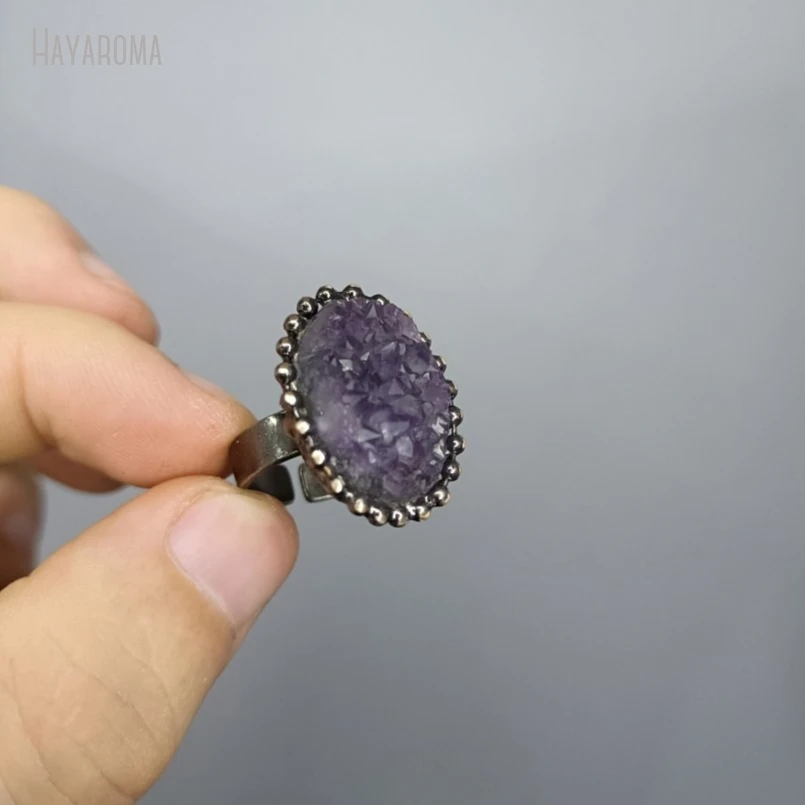 10Pcs Wholesale  Antique Silver Color Tin Amethysts Cluster Druzy Crystal Soldered Free Form Vintage Style Handmade Ring