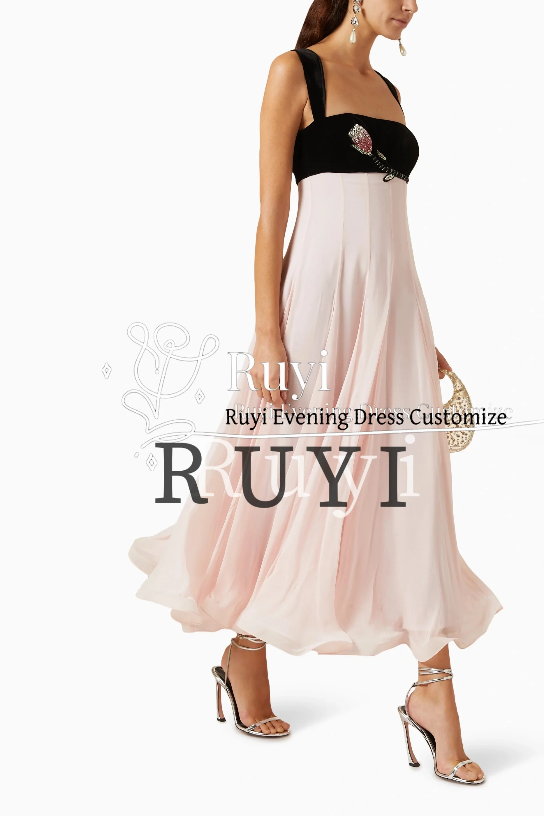 Customized Patchwork Chiffon Sweet Formal Prom Dress Floral Rhinestone A-line Birthday Formal Occasion Evening Dress