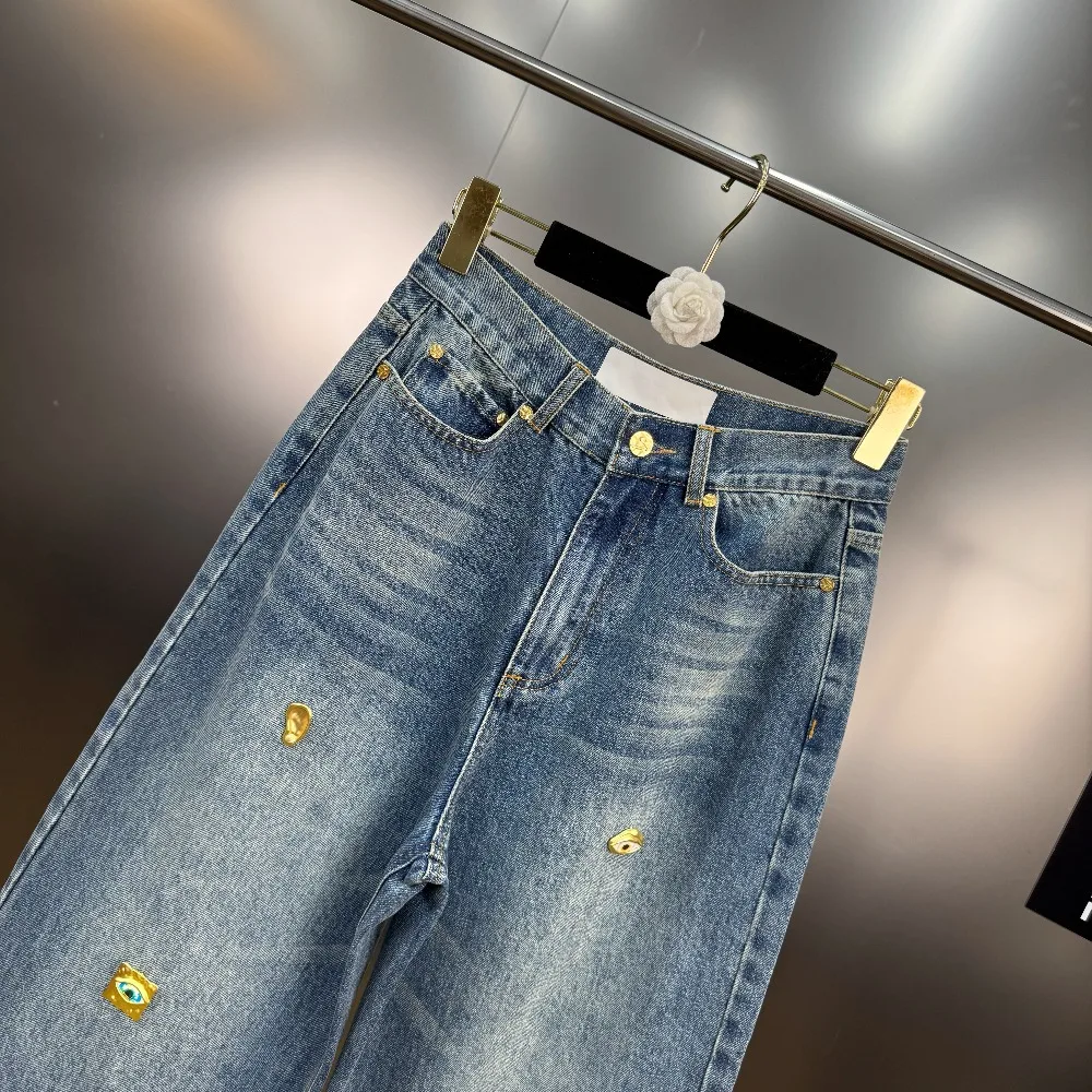 High Street Jeans Pants Women's Handmade Metal Buckle Decoration Mid Waist Wide Leg Straight Tube Blue Washed Denim Long Pants