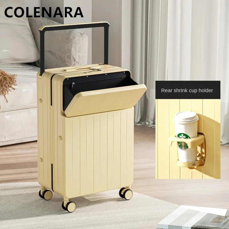 COLENARA Handheld Travel Suitcase 20 Inch Front Opening Laptop Boarding Box 22"24"26 "PC Trolley Case with Cup Holders Luggage