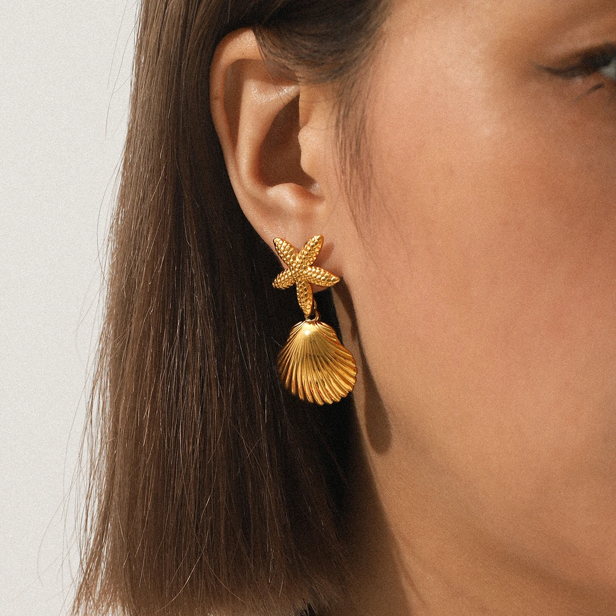 

Huangchao Shell Starfish Stud Earrings Women Stainless Steel Plated 18K Gold Earing Fashion Jewelry Accessories Gift