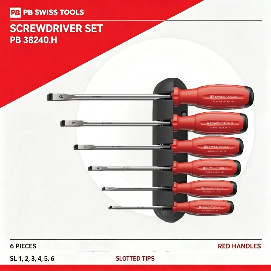 PB SWISS TOOLS PB 38240.H 6PCS Slotted Screwdriver Set with Swiss Grip Storage Holder