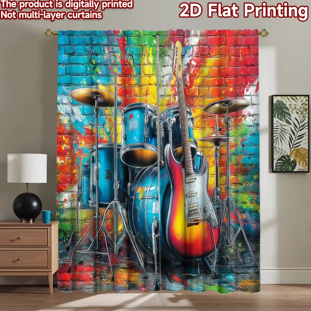 

2D flat printing 2pcs Curtain Electric Guitar Drum Set Digital Printed Polyester Drapes Festive Wall Decor Use for Photo Booths