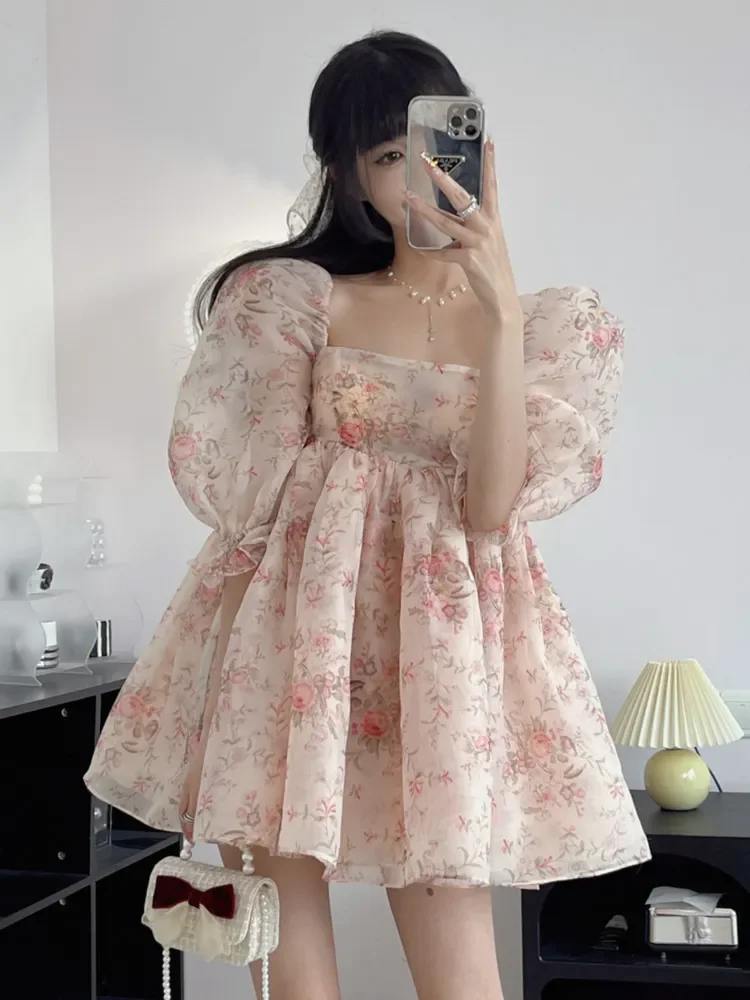 Vestido corto de fiesta Floral para mujer, traje de princesa francesa con manga de burbuja, estilo bohemio, elegante, a la moda, para vacaciones y playa, 2023