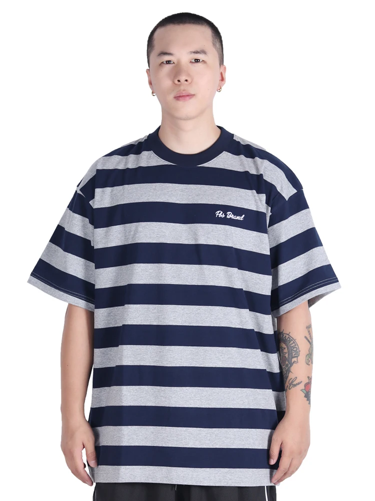 Loose Short Sleeve T-Shirt Striped Hip Hop Street Dance Skateboarding Rap American Style Small Collar Color Block Cotton Tee