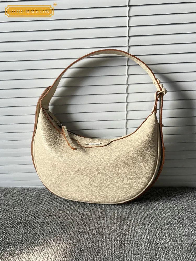 Womens Casual Cowhide Genuine Leather Underarm Bag Zipper Travel Shoulder Bags Fashion Half Moon Ladies Underarm Crossbody Bag