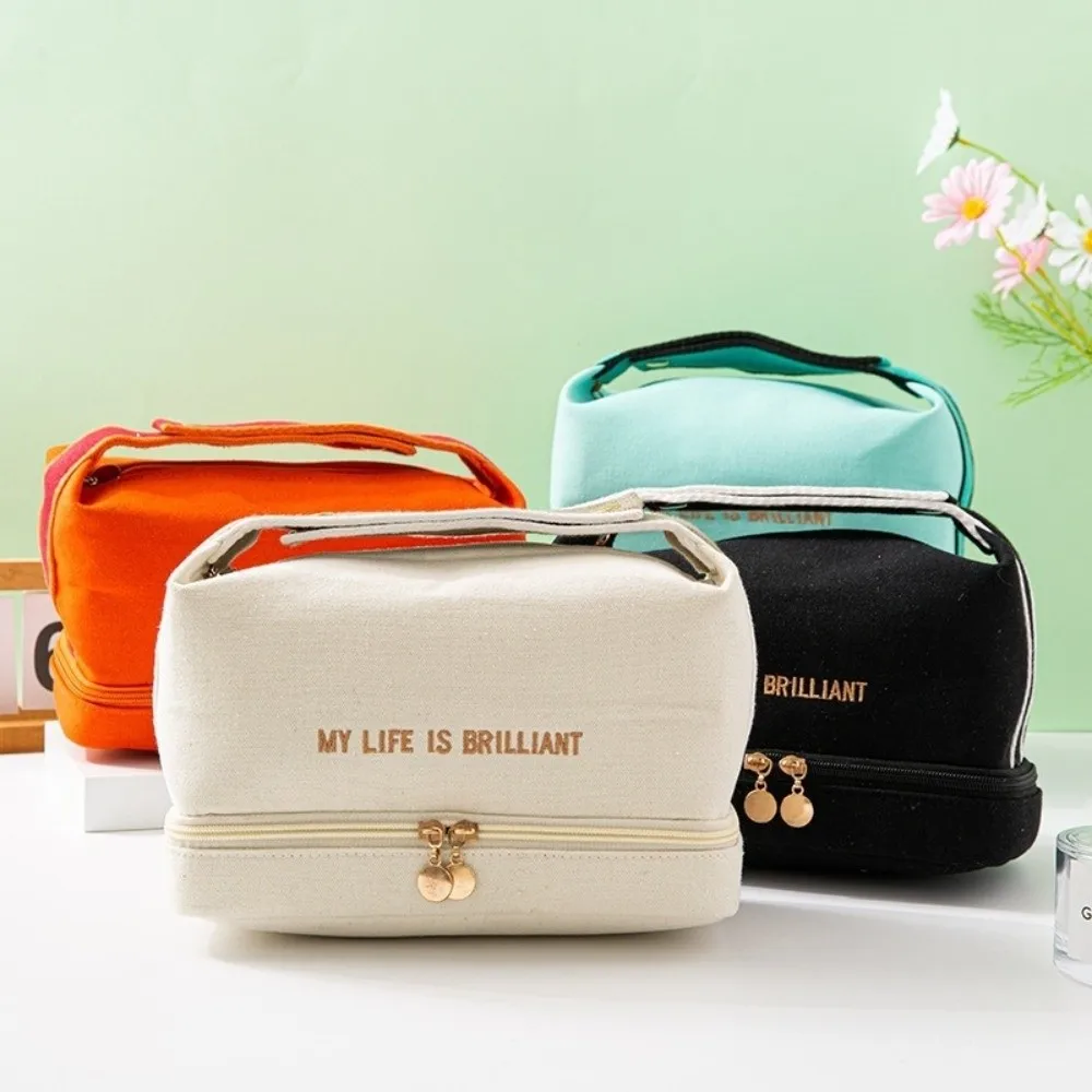 Fashion Portable Canvas Makeup Bag Double Layer Ins Style Travel Storage Bag Large Capacity Tote Bag for Women