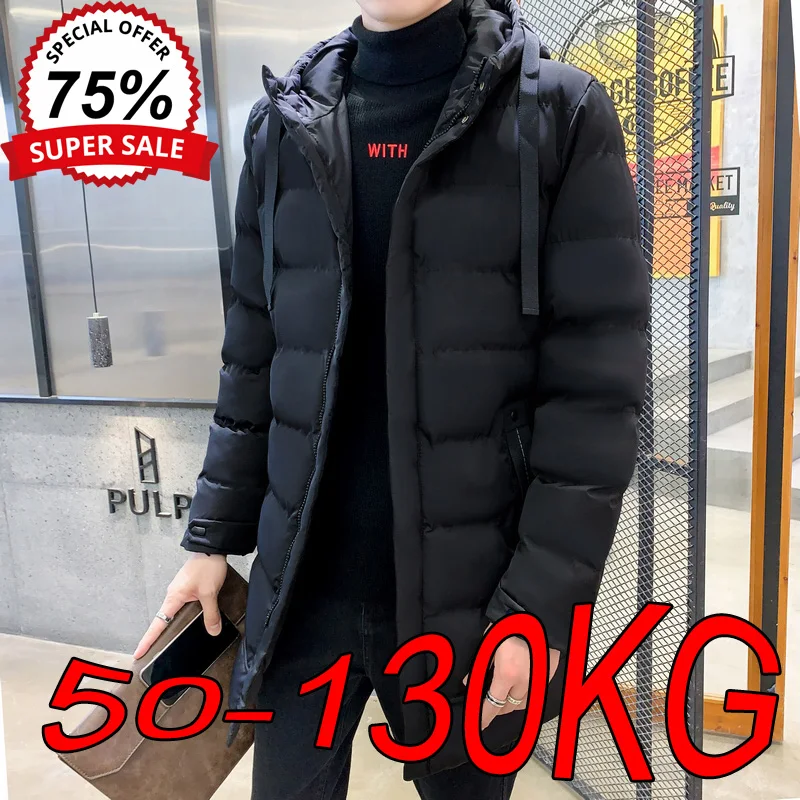 Large Size Men's Jackets M-7XL Autumn Winter Thickened Warm Cotton Coats Oversized Mid-length Casual Hooded Solid Color Jackets