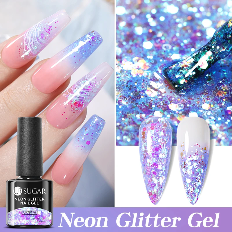 UR SUGAR-esmalte de uñas en Gel con purpurina de neón, lentejuelas de forma Irregular, fluorescente, brillante, para remojar, UV, LED, 7ml