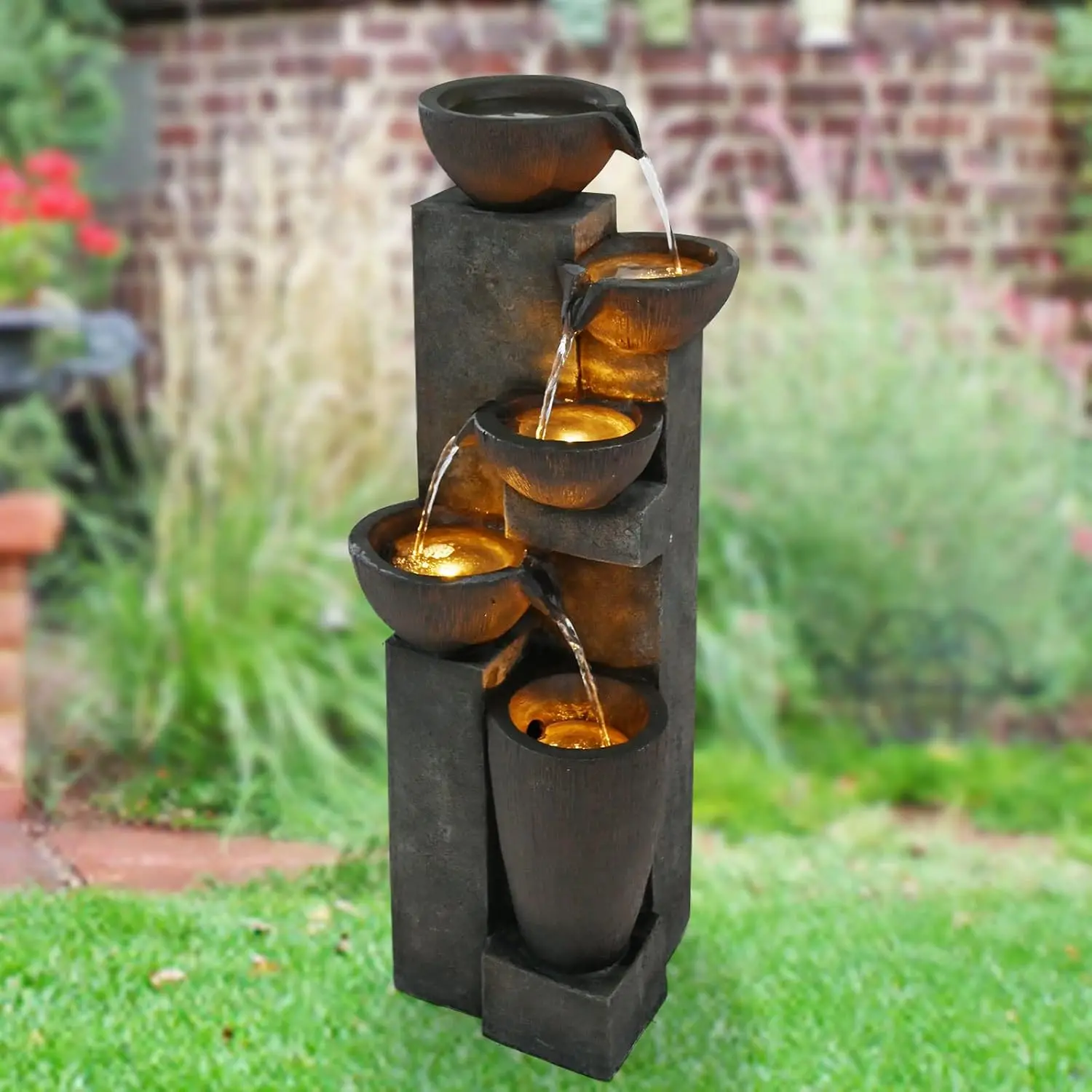 

40" Outdoor Water Fountain with LED Lights 5-Tier Polyresin Rock Indoor Modern Floor-Standing Waterfall Fountains for Home Garde