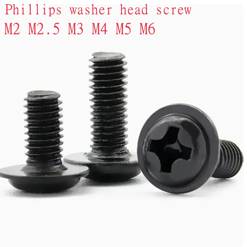 10-100 Uds M2 M2.5 M3 M4 M5 M6 cabeza Phillips cruzada negra con tornillo de arandela para caja de PC montaje de placa base tornillos de ordenador DIY