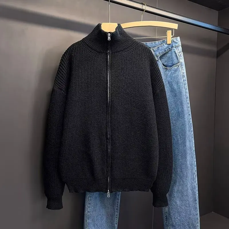 

Spring and Autumn Thick Knit Cardigan Men, Lazy Style, -End Feel, Half-High Collar, Solid Color Sweater, Zipper