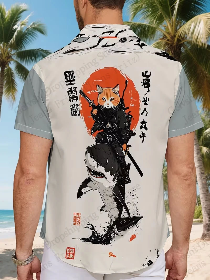 

Гавайская рубашка с самурайским котом, рубашка с 3D принтом вишни, мужская модная рубашка с коротким рукавом, праздничная пляжная социальная блузка, мужская одежда, уличная одежда