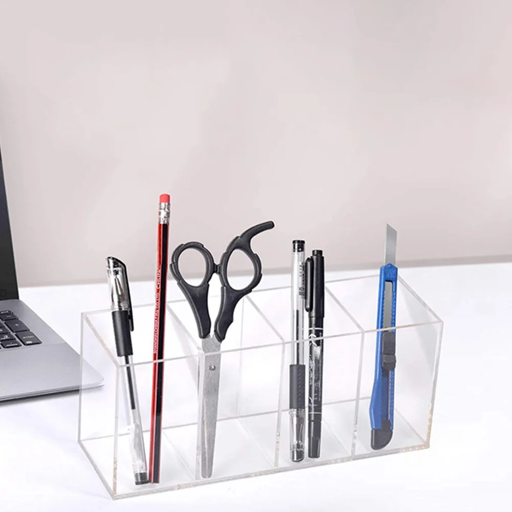 Pen Holder Acrylic Brush Makeup Storage Box Countertop Container Desktop Clear Divided Desk 4-Compartment Organizer Case