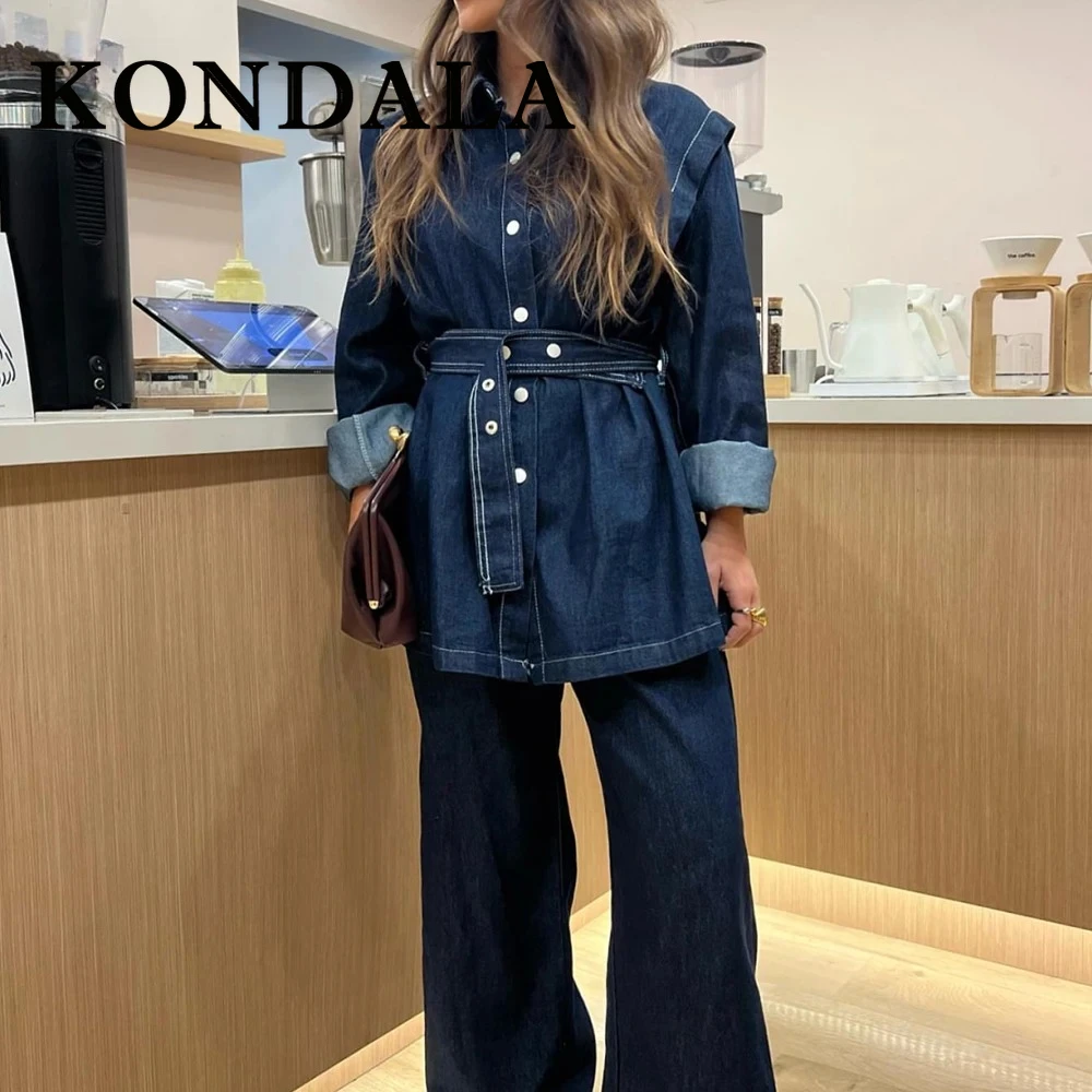

KONDALA Spring 2025 Denim Streetwear Women Suits Sashes Single Breasted Long Jacket+Pockets Zipper Long Pants Chic Female Suit