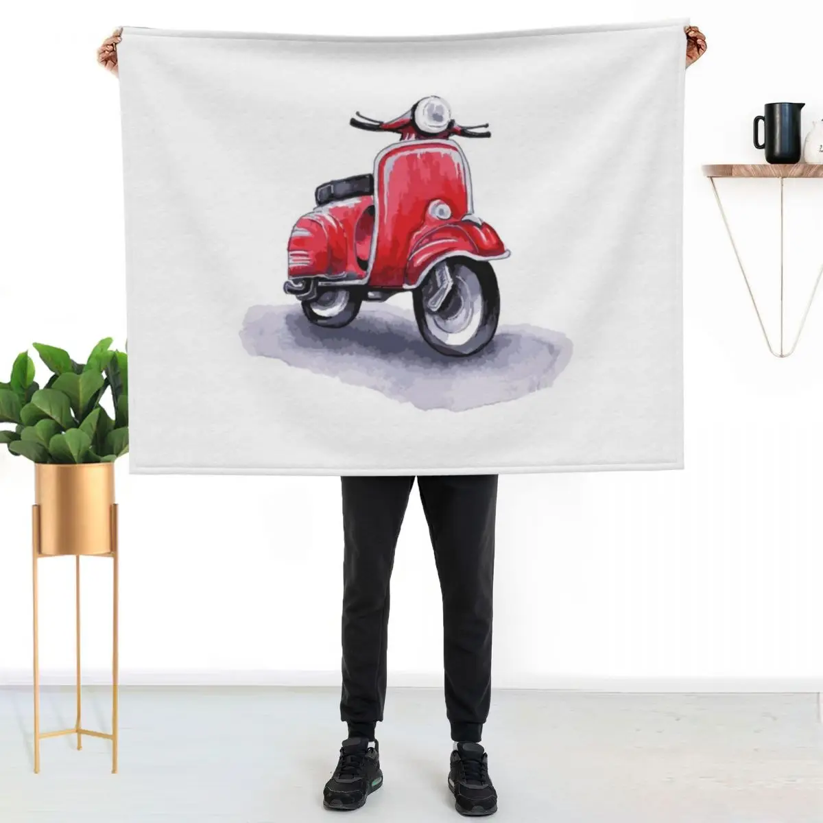 Red Italian city scooter. Watercolor and graphics. Throw Blanket Bed linens wednesday Flannels Thins warm for winter Blankets