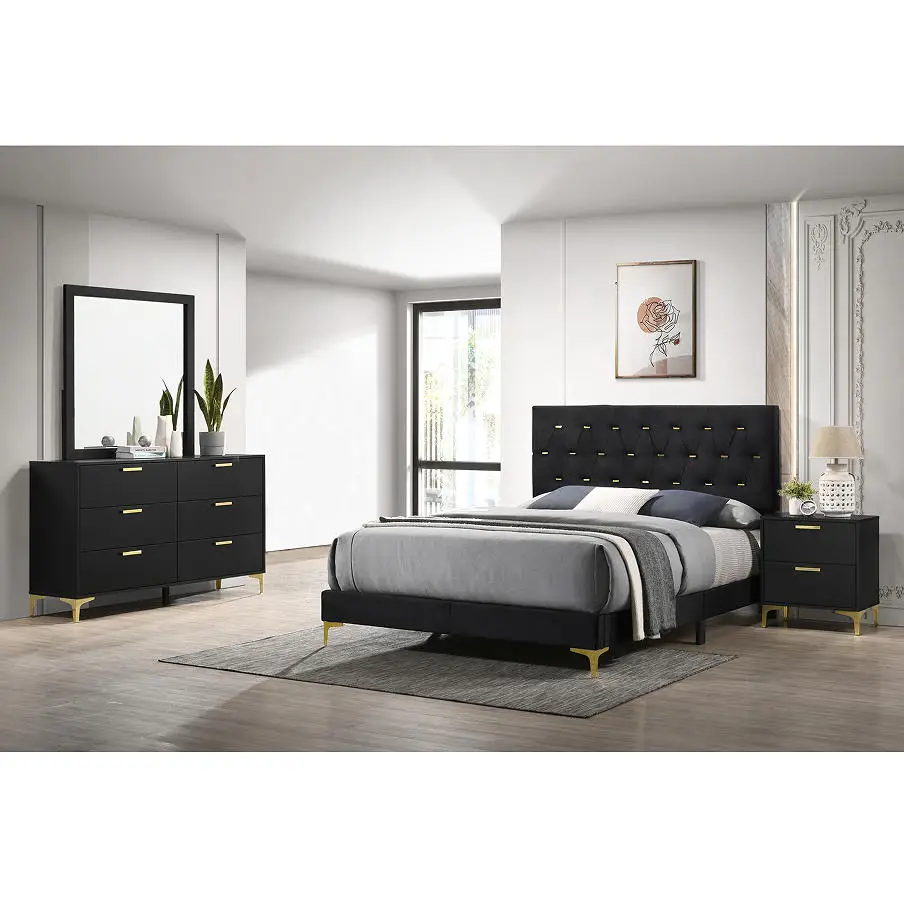 #Black/Gold 4-piece Convertible Full Tufted Panel Modern Wood Bedroom Set For Apartment & Hotel Use