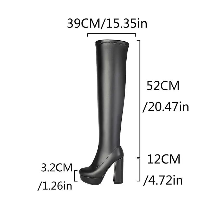 REAVE CAT Black Women Thigh Boots Round Toe 12cm Block Heel 3.2cm Platform Zipper Large Size 46 47 48 Sexy Over Knee High Botas view 2