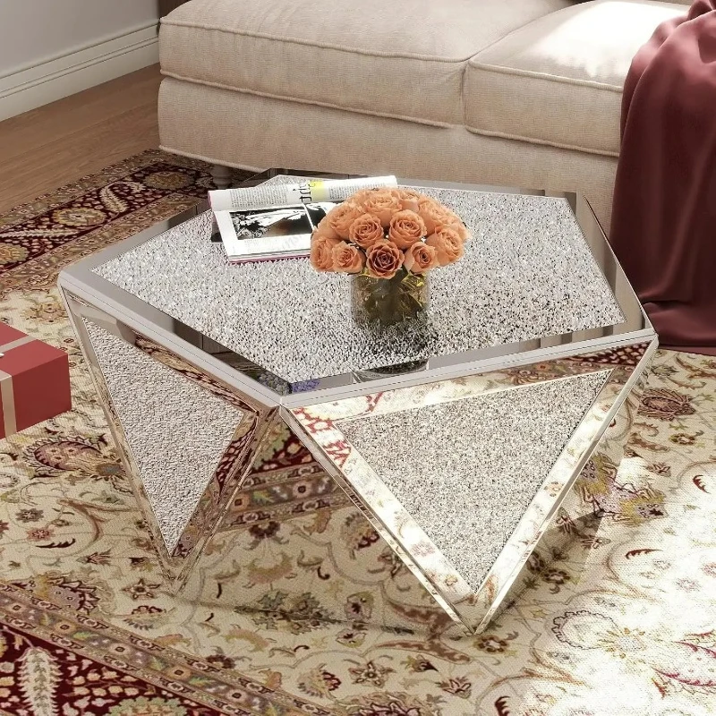 Silver Crushed Diamond Inlay Mirrored Pentagonal Coffee Table Modern Center Side Home Office Reception, Customized  FT