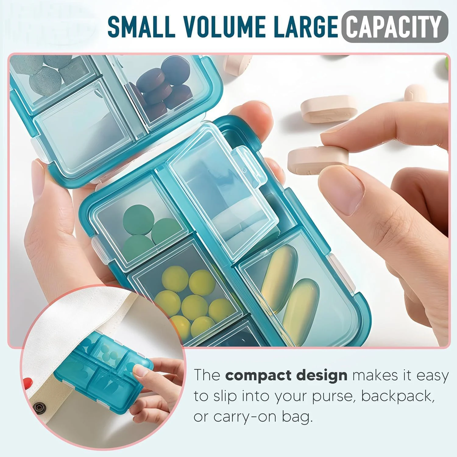 10 مقصورات منظم حبوب السفر، صندوق تخزين حبوب الدواء المحمول، حاوية حبوب منع الحمل اليومية أو محفظة زيت السمك