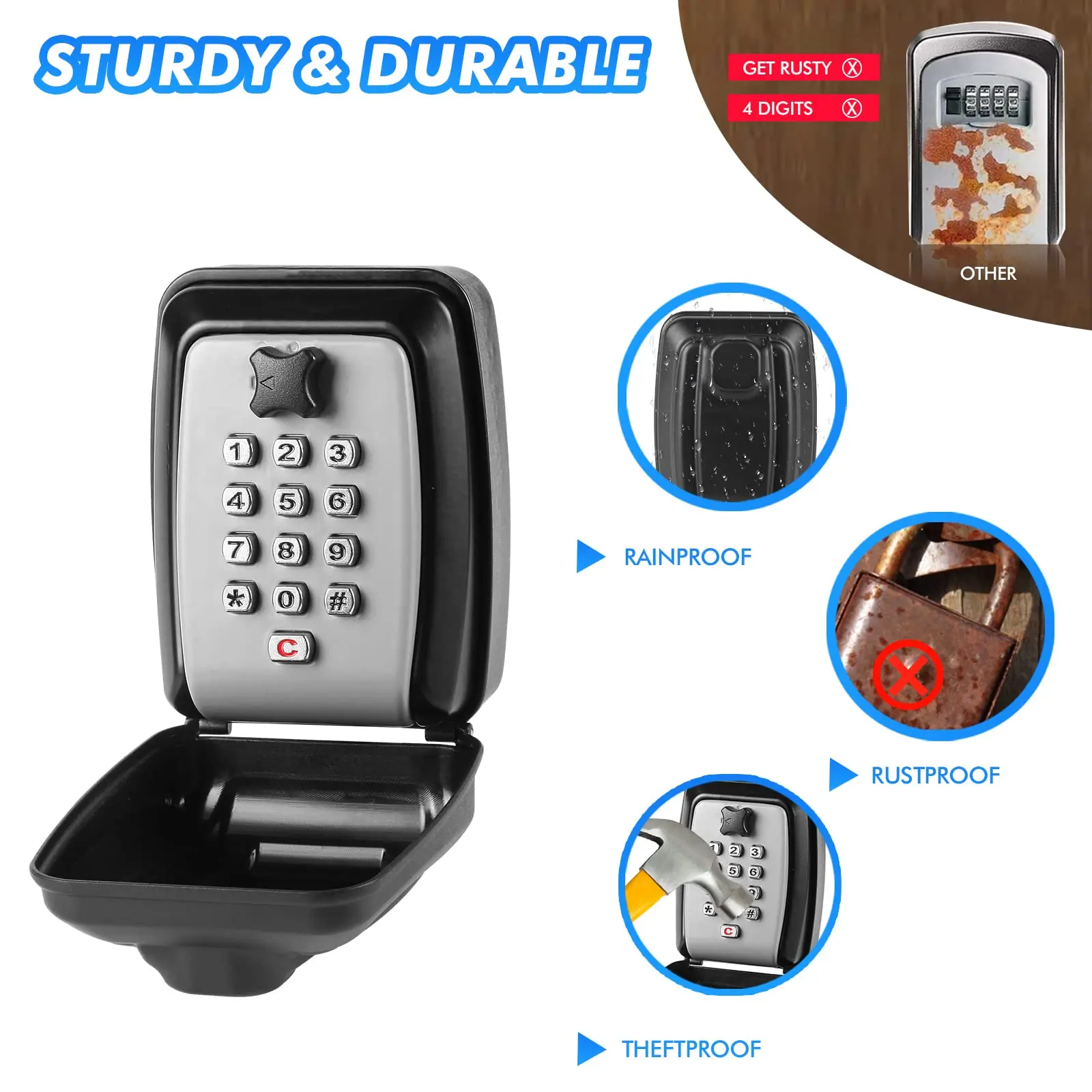 Key Lock Box Wall Mount 12-Digit Combination Lock Box Outdoor Spare Key Hider Waterproof Security Lockbox Large Key Storage Box