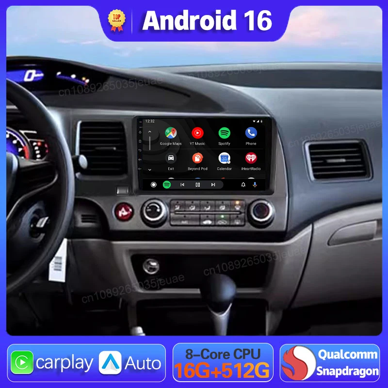 Android 16 Carplay Auto For Honda Civic 8 2005 2006 2007-2011 Car Radio GPS Multimedia WIFI+4G Head Unit BT Player Video Stereo