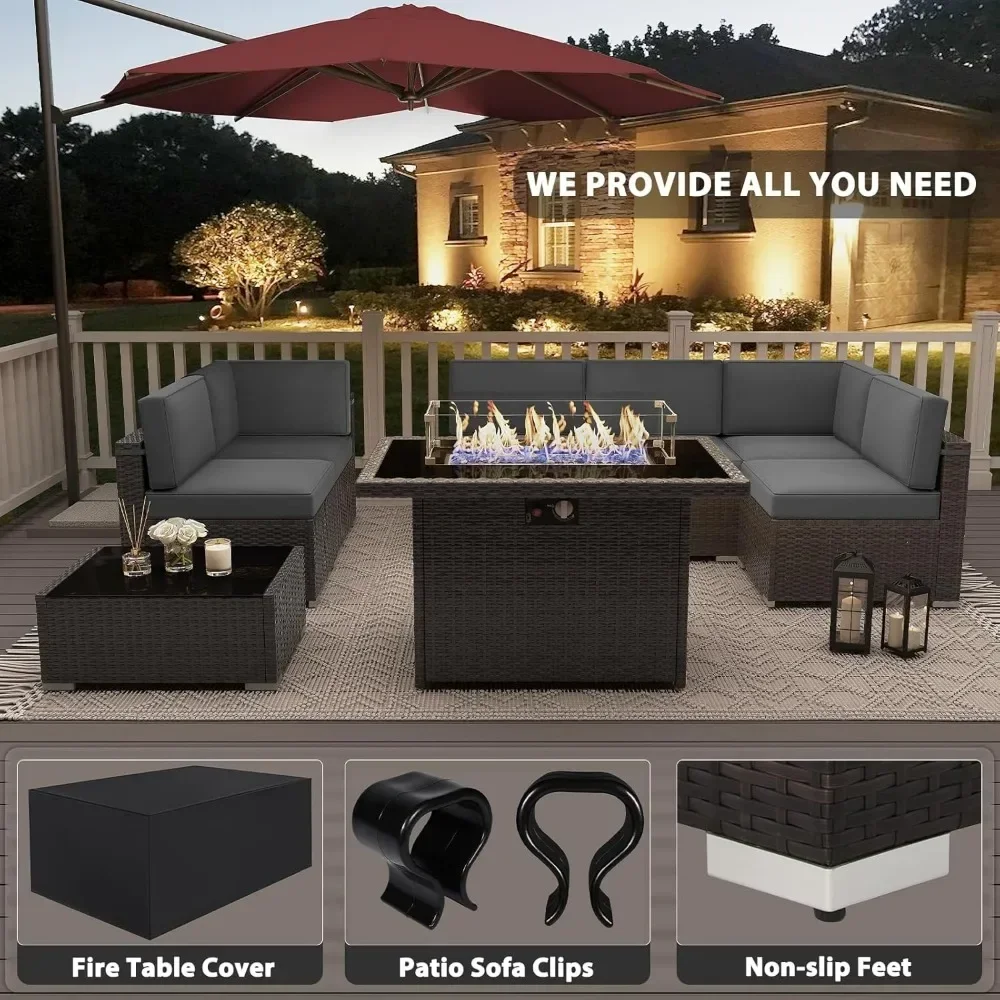 8 Pieces Patio Furniture Set with 44" Propane Gas Fire Pit Table, Brown Rattan Wicker Conversation Sofa Sets with Coffee Table