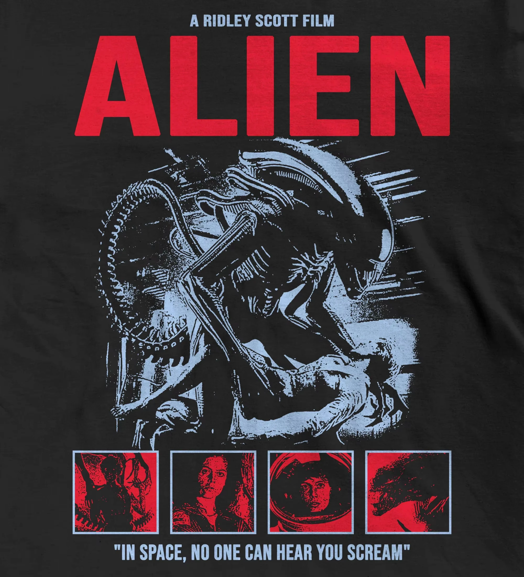 Front Print Retro Space Horror Movie Alien Creature Four Character Frame Collage Bright Red Bold Text Loose Oversized Street Top