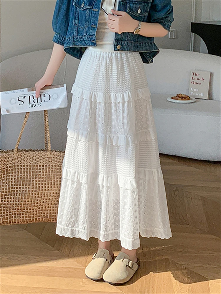 

Белая кружевная юбка А-силуэта с высокой талией, женская, весенняя, модная, стройнящая, многоярусная, драпированная, элегантная, миди, универсальная, из смесового хлопка