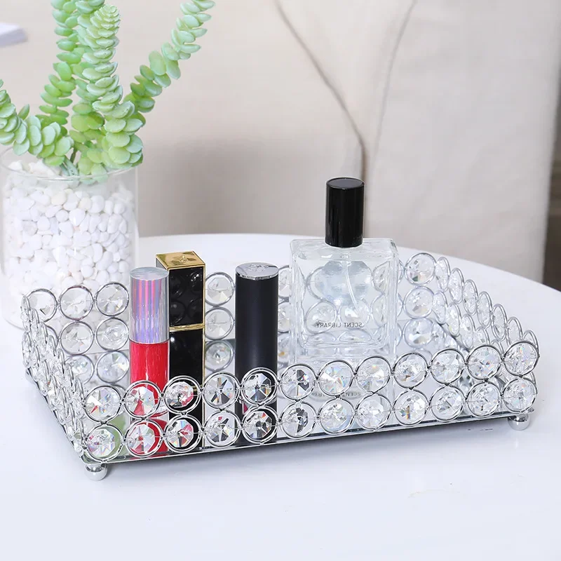 Bandeja decorativa de cristal mesa organizador maquiagem espelho vidro perfume batom placa armazenamento luxo servindo bandeja casa berloque prato