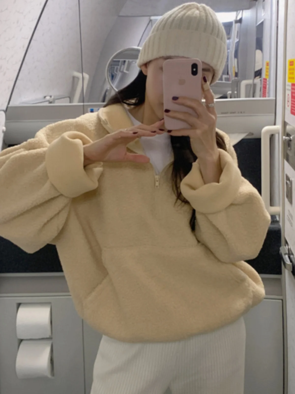 

Women's Lazy Sle Fce Lined Lamb Fur Sweatirt Jaet f Zip High Collar Coat Trendy Winter Outerwear Loose Fit Long S...