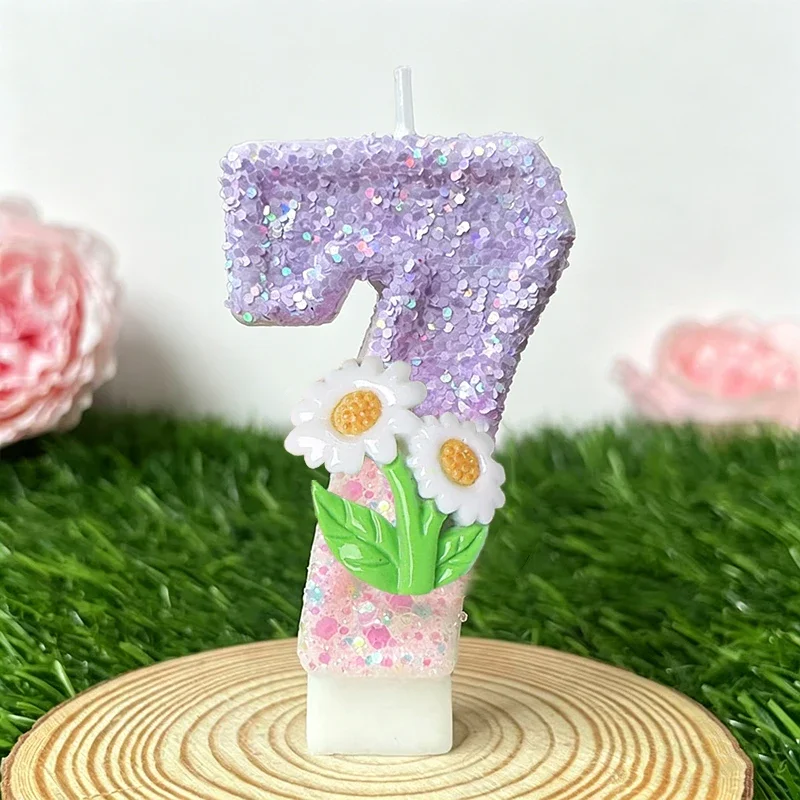 Purple pink sparkling candles, flower decorated digital cake top set, suitable for decorating cakes at girls' birthday parties
