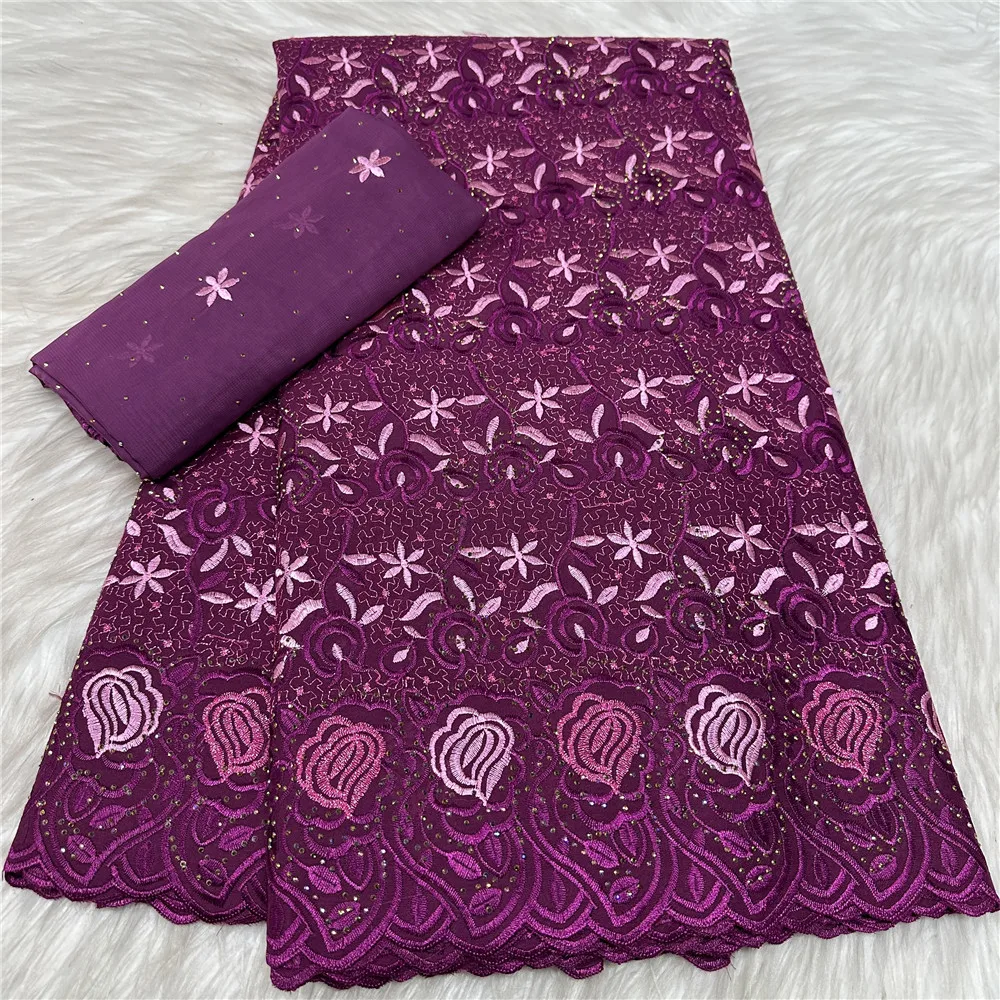 Luxuriöser 5+2 Yards Schweizer Voile bestickter Spitzenstoff aus nigerianischer Baumwolle, trockene Spitze mit Steinen für Kleidung, Nähmaterialien 31A34