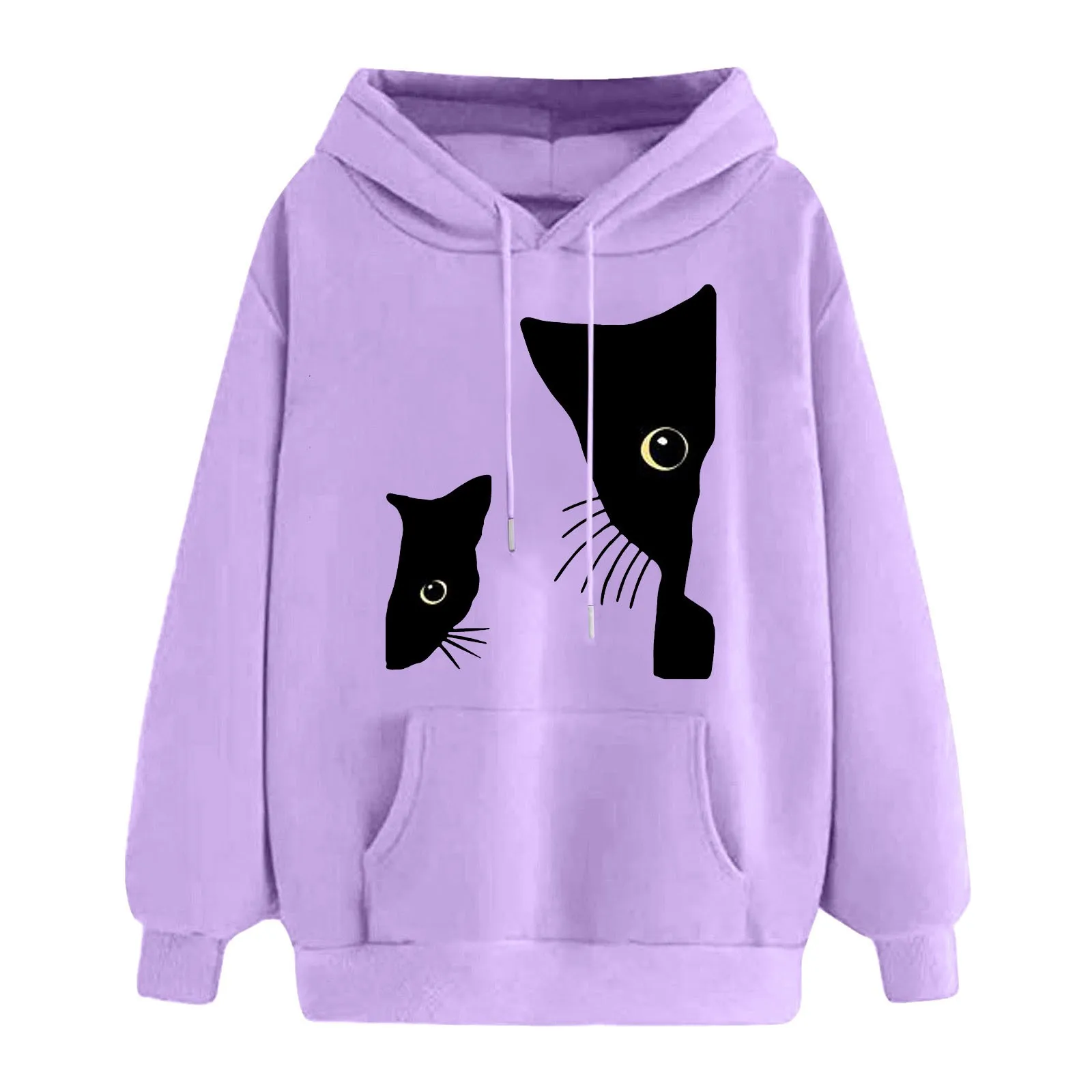 

Probe Playful Cat Print Ladies Beautiful Hoodie Solid Color Simple Casual Relaxed Comfortable Jumper Fashion Cute Hoodie