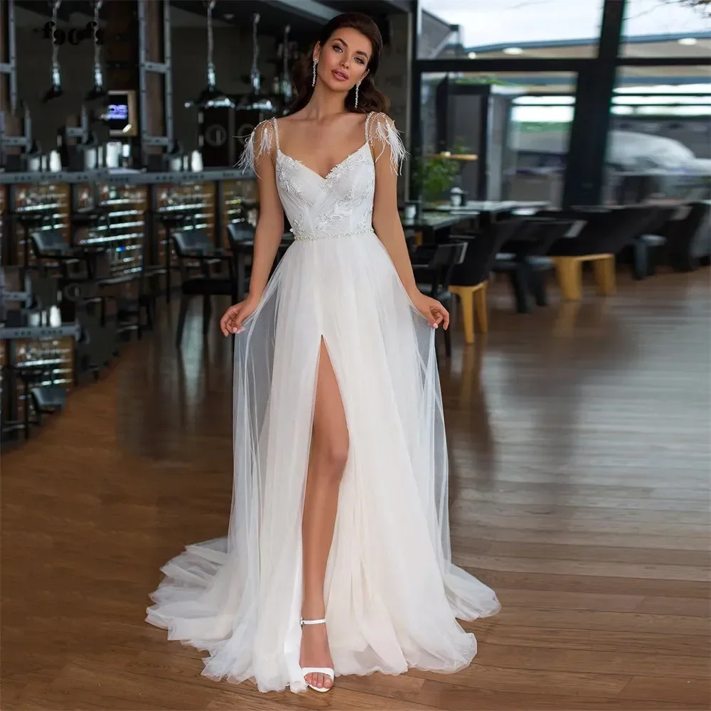 New elegant Princess Wedding dress Sexy V-neck backless feather Decal Beach Garden Bridal Party dress Wedding ball dress