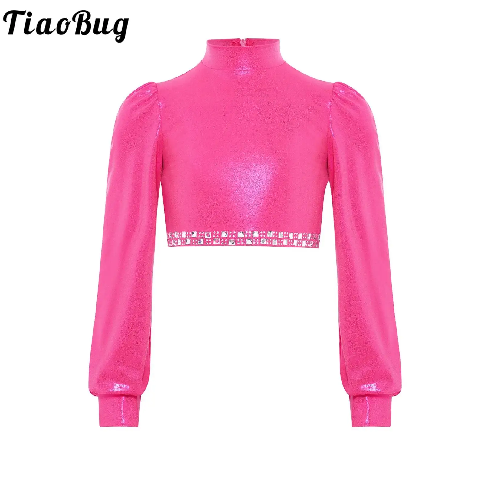 

Girls Shiny Jazz Latin Modern Dance Performance Costume Tops Mock Neck Long Sleeves Zipper Back Metallic Crop Top Choir Costumes
