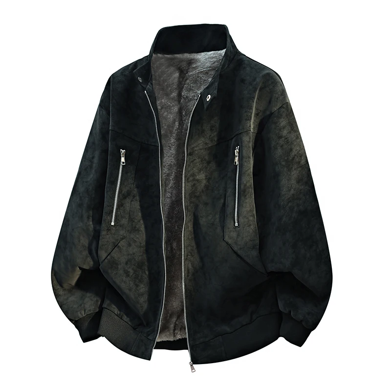 

Retro American Suede Jaet Men's Fce Lined Thi Warm Motorcycle Sle Zipper Outerwear Trendy Youth Winter Outerwear