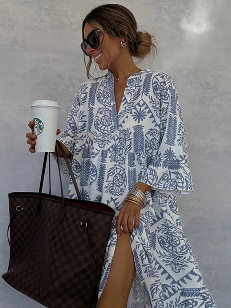 

SKMY 2025 New Party Dresses Y2k Clothes Women Casual Loose A-Line Fashion Printed Three-Quarter Length Sleeve Shirt Dress
