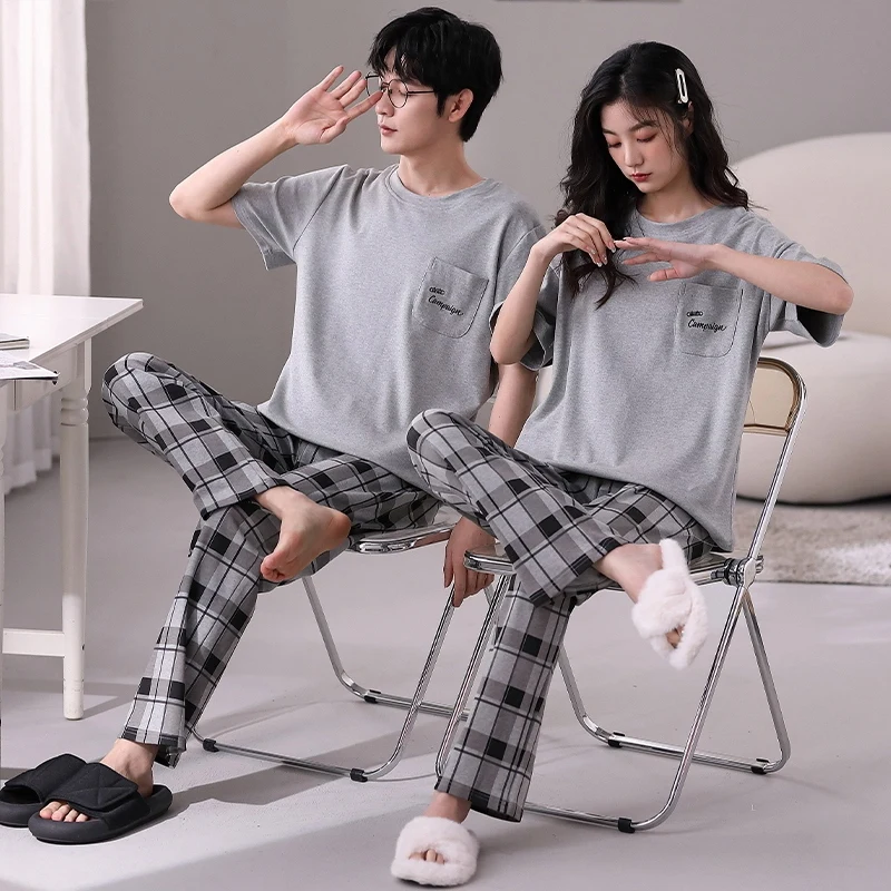 2024 New Summer Couple Cotton Short Sleeve Long Pants Pajama Sets for Women Korean Cute Sleepwear Suit Men Homewear Home Clothes