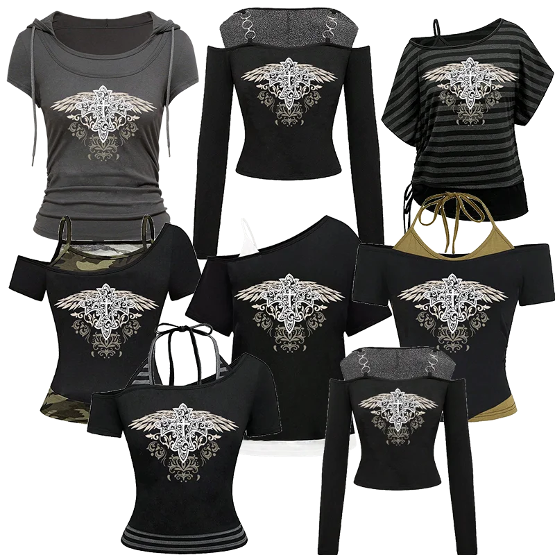 

Summer retro fashion street T-shirt gothic punk aesthetic hand-painted printed pattern women's halter top Y2k clothing