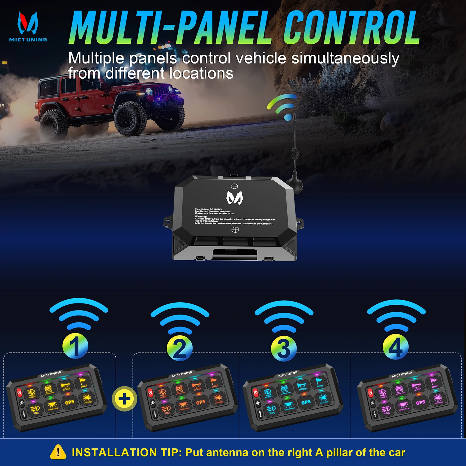 MICTUNING 328 Ft Wireless RGB 12 Gang Switch Panel Universal Circuit Control Relay System Box Toggle Momentary Strobe Switch
