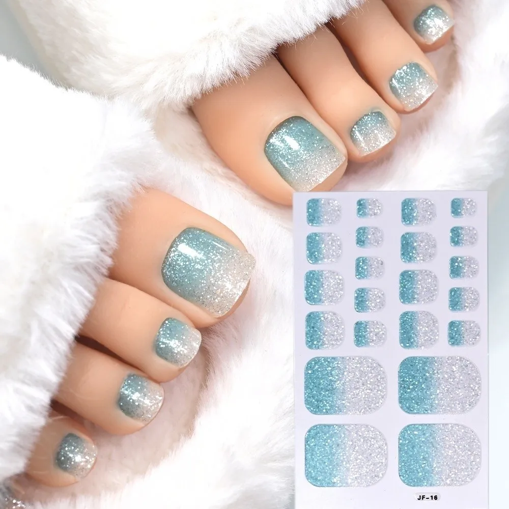 22tips/Sheet Gradient Glitter Toe Nail Stickers Waterproof Solid Color Shimmer Finish Full Cover Nail Wraps