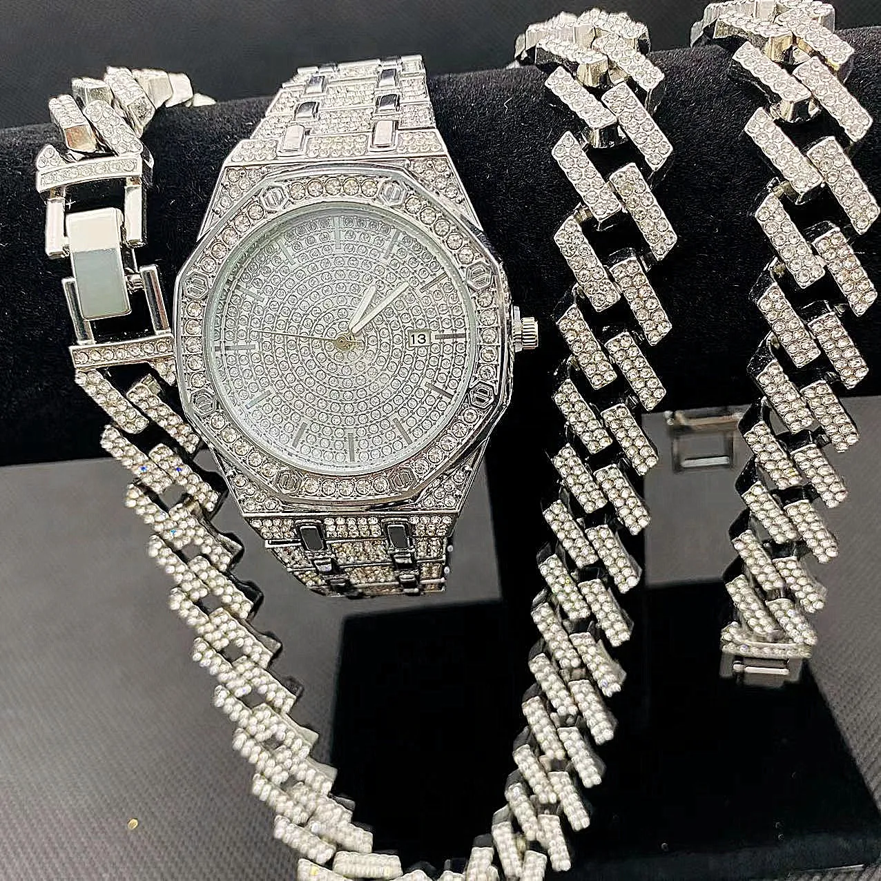 3PCS Mens Hip Hop Jewelry Set Iced Out Watch Necklaces Bracelet Cubana Gold Link Chain Diamond Wholesale