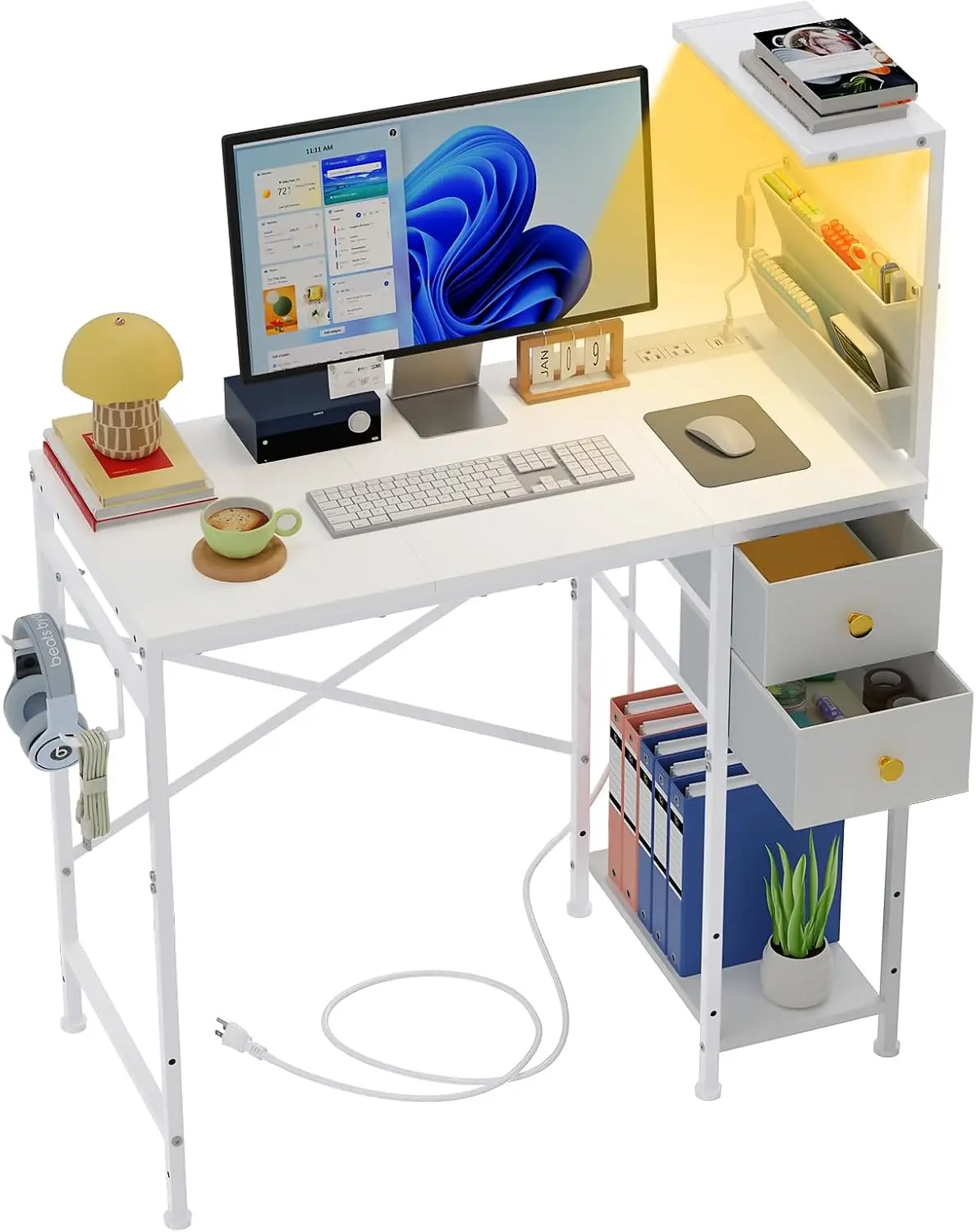 

33.7" Compact Computer Desk with Power Outlets, LED Lights, 2 Drawers & Storage Bag for Home Office or Bedroom Gaming