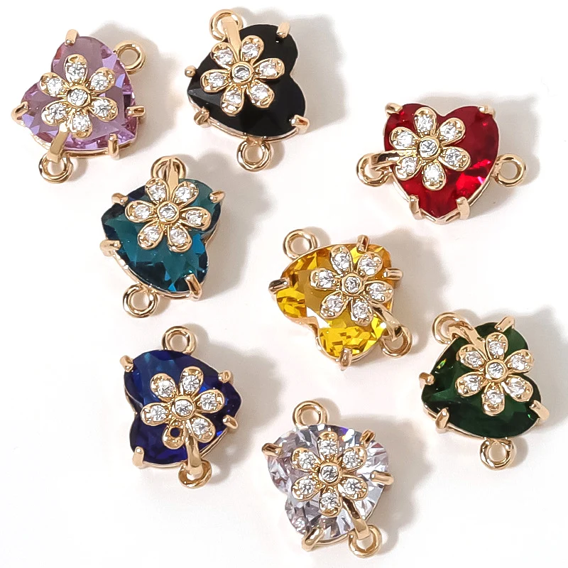 10pcs/ Bag Fashion creativity with zircon flower peach heart double ring pendant DIY handmade bracelet earring connector