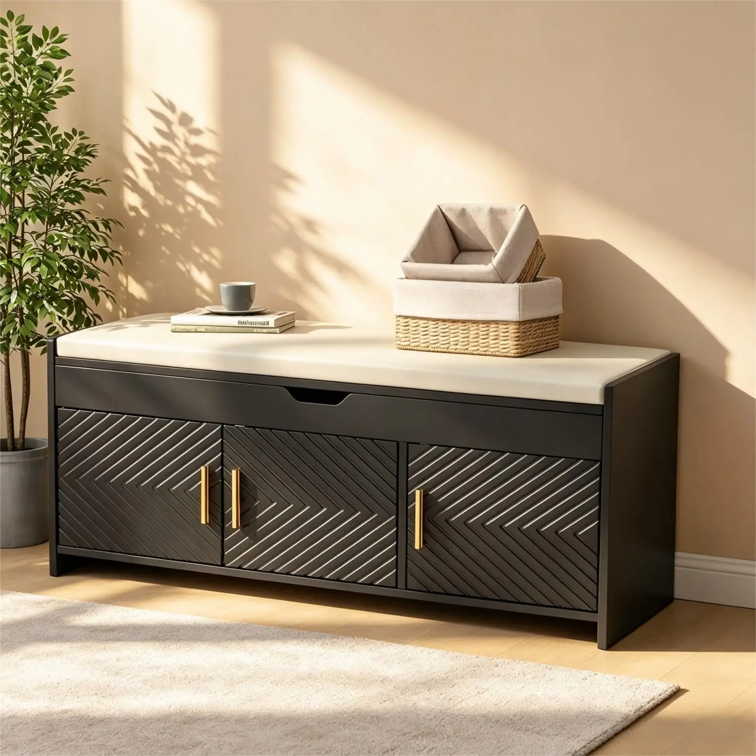 Lift Top Shoe Bench Storage Cabinet With Seat Cushion 44